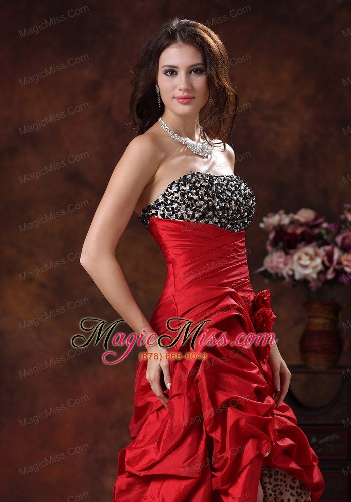 wholesale red leopard high-low prom dress clearances with beaded and flowers decorate bust in albertville alabama