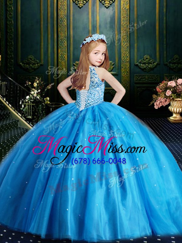 wholesale sophisticated halter top sleeveless tulle floor length lace up toddler flower girl dress in aqua blue for with beading and sequins