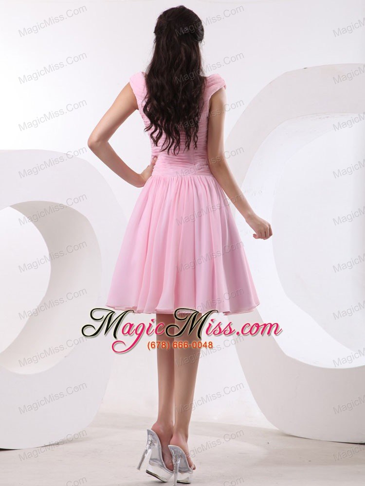 wholesale bateau baby pink prom dress with ruched bodice