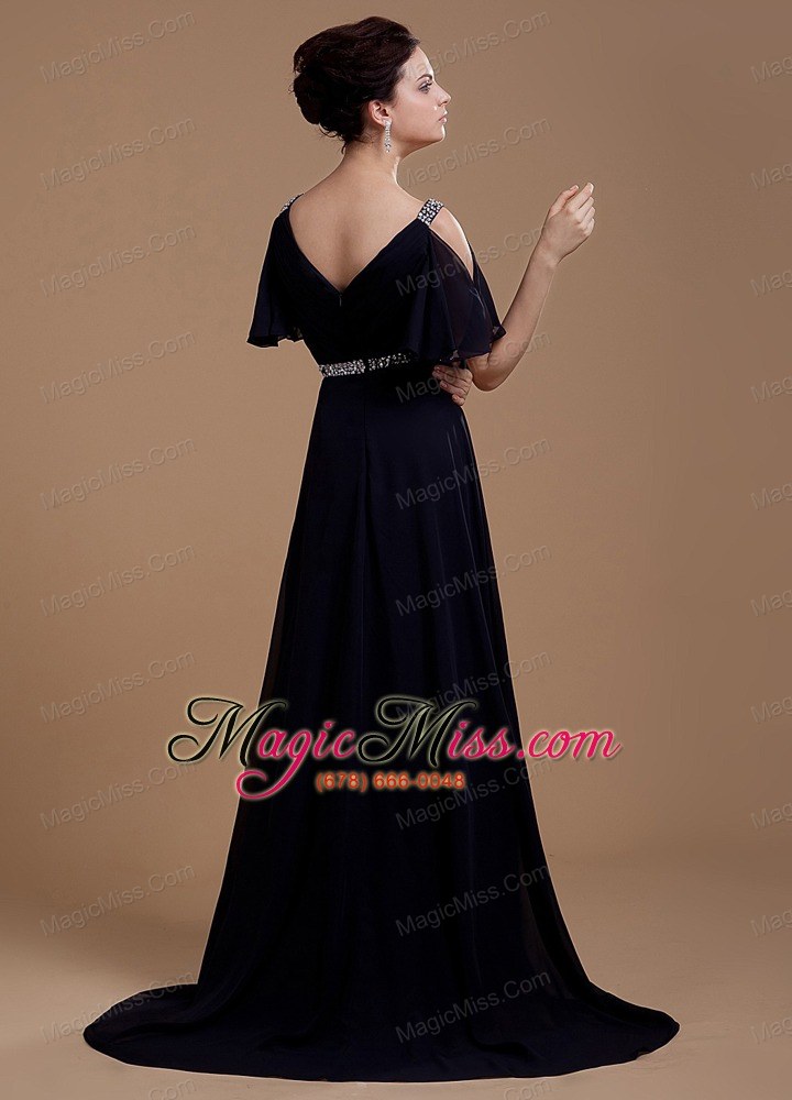 wholesale black mother of the bride dress with v-neck beaded brush train chiffon