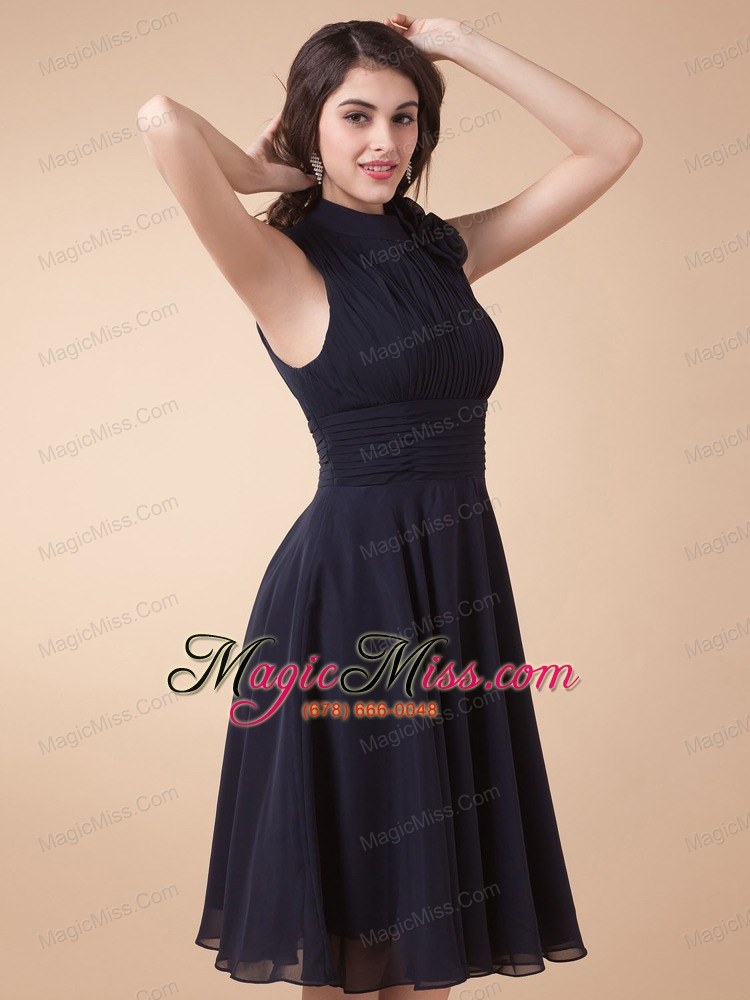 wholesale high-neck and ruched bodice for custom made navy blue prom dress