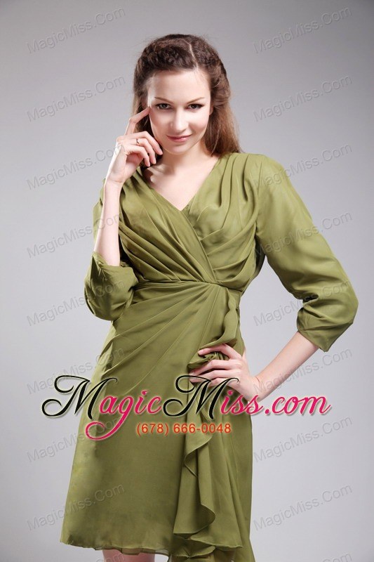 wholesale brand new column / sheath v-neck mini-length chiffon olive green bridesmaid dress
