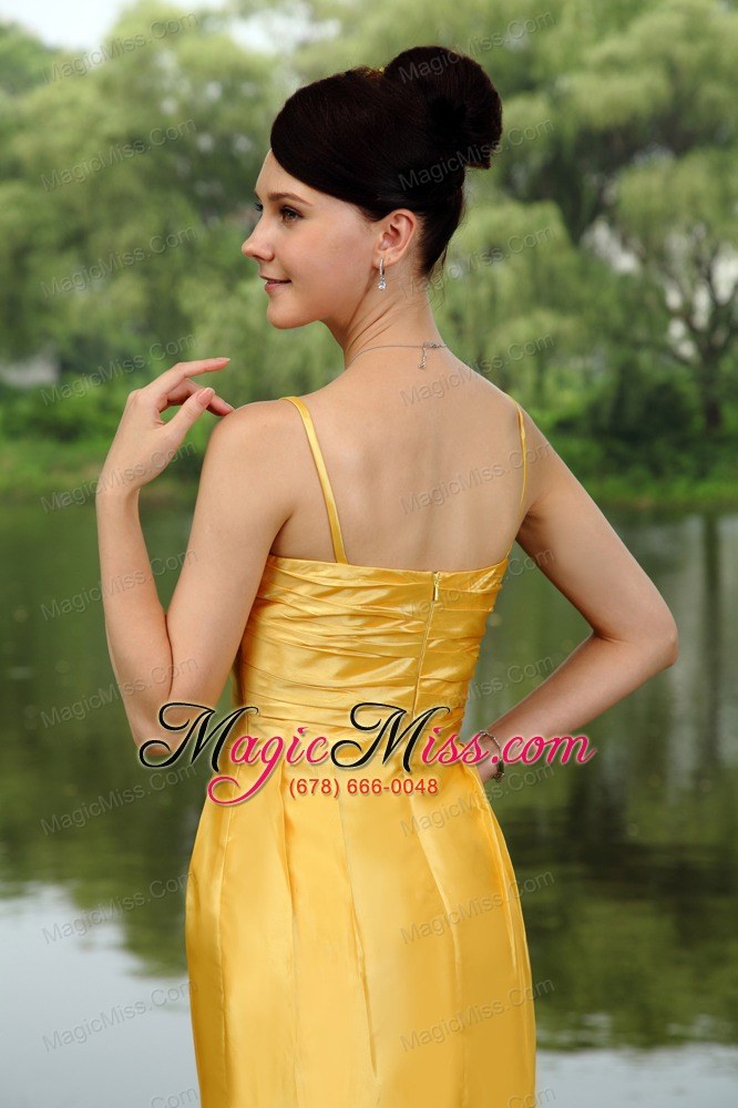 wholesale yellow column straps knee-length taffeta ruch cocktail dress
