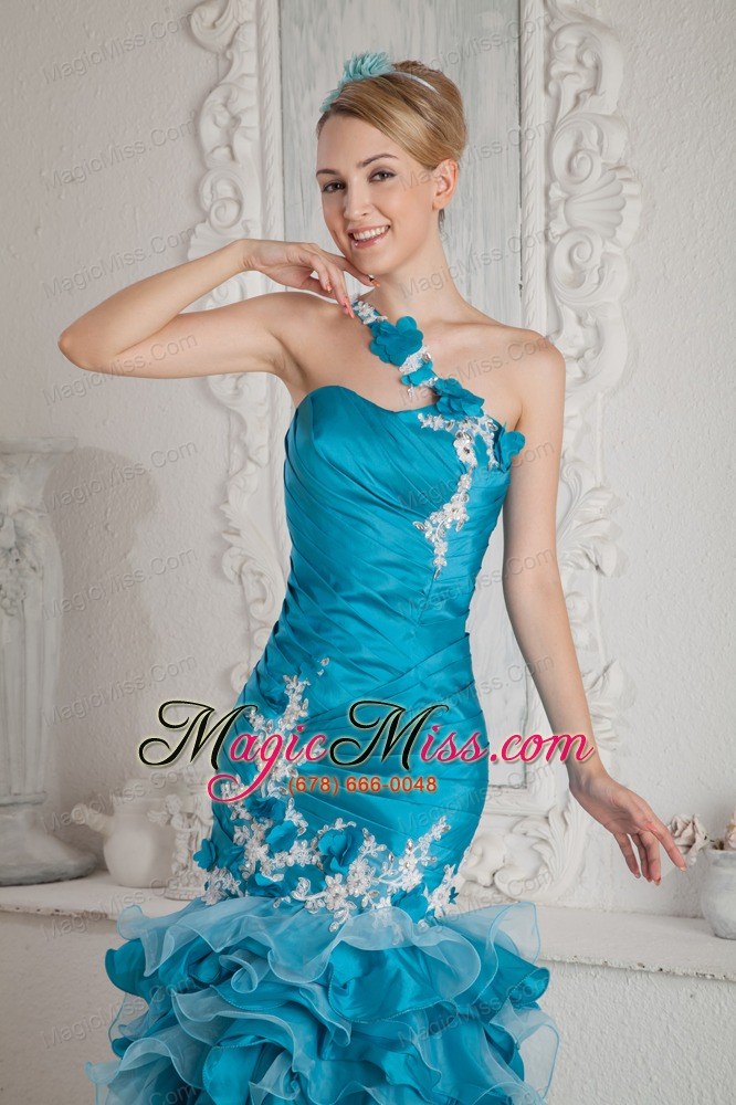 wholesale teal mermaid one shoulder ruch and appliques prom dress high-low organza