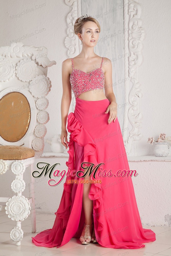 wholesale hot pink prom dress empire beading straps court train chiffon