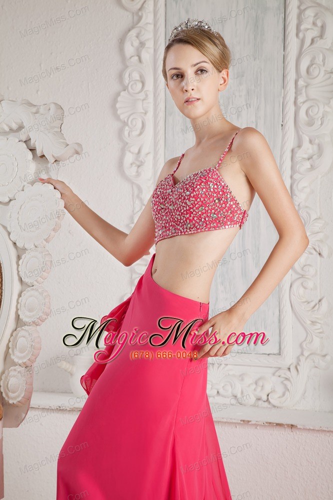 wholesale hot pink prom dress empire beading straps court train chiffon