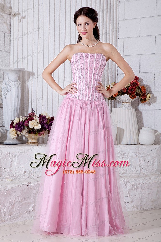 wholesale baby pink empire strapless prom dress tulle beading floor-length