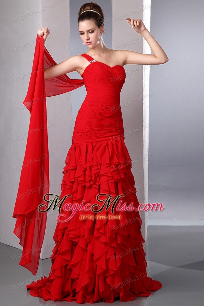 wholesale bright red one shoulder watteau train prom dress with many ruffles