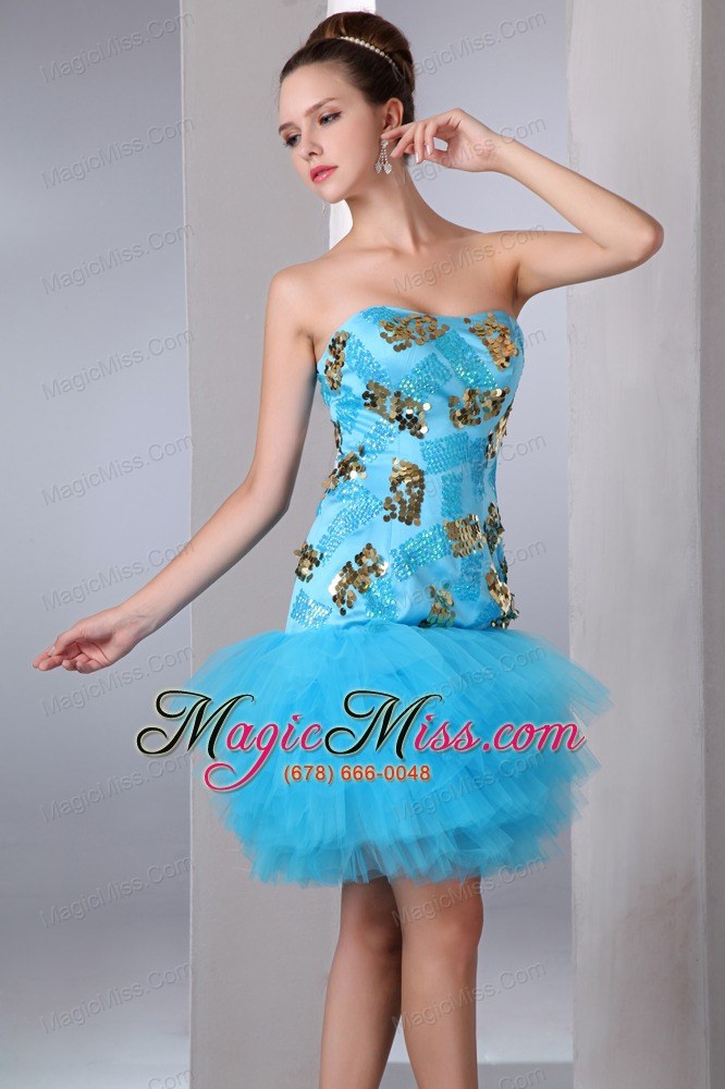 wholesale aqua blue a-line strapless short prom dress tulle and taffeta sequins mini-length