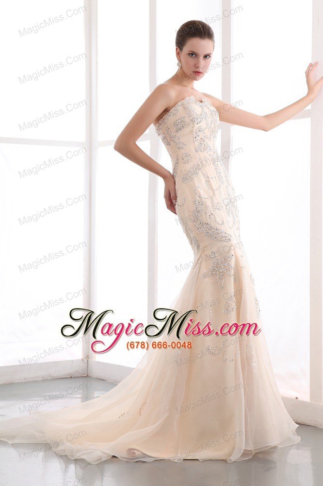 wholesale champagne mermaid strapless court train organza sequins prom dress