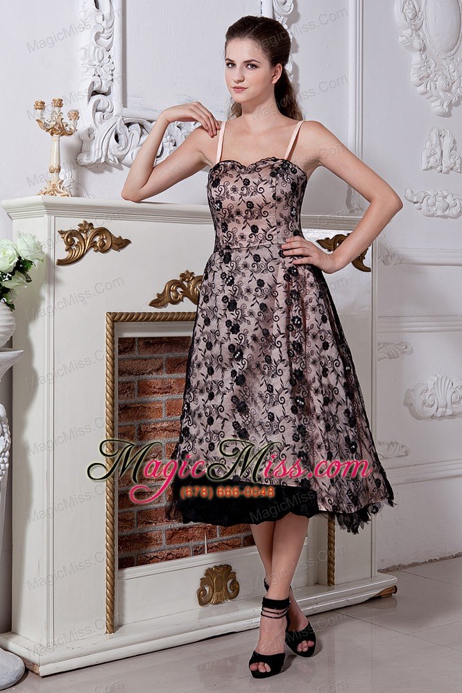 wholesale black junior prom dress a-line / princess spaghetti straps tea-length lace