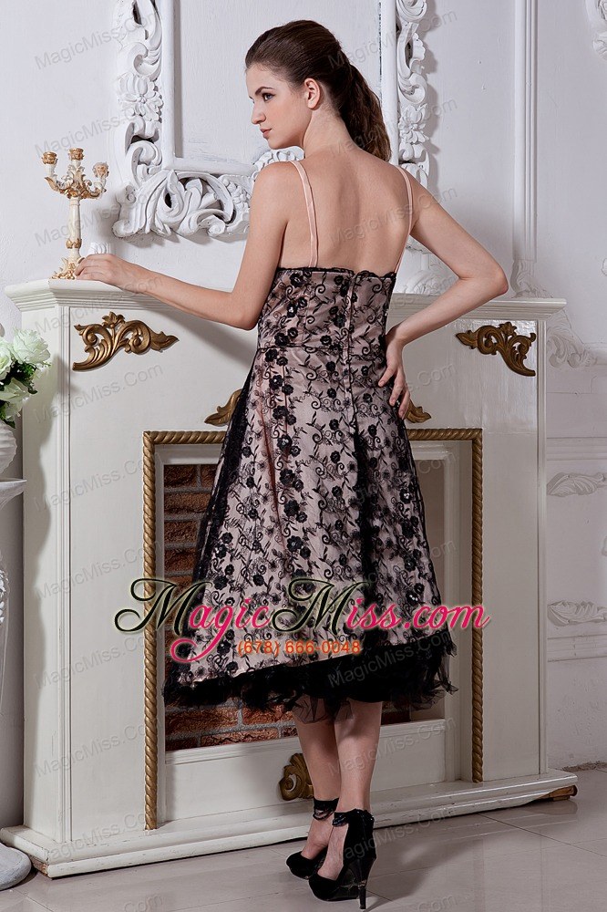 wholesale black junior prom dress a-line / princess spaghetti straps tea-length lace