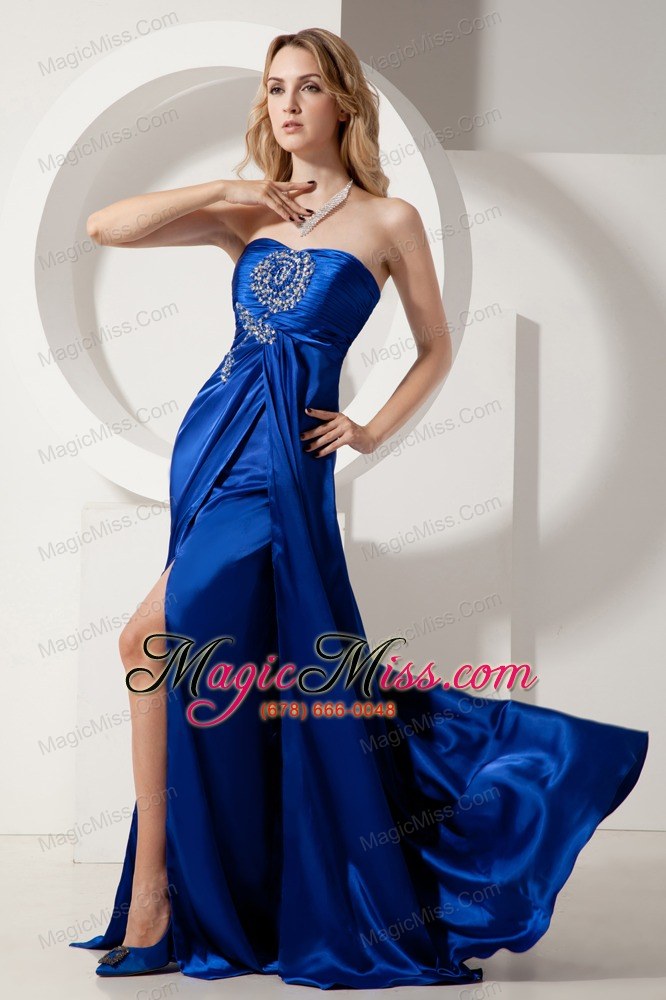 wholesale royal blue column strapless prom dress elatic wove satin beading brush train