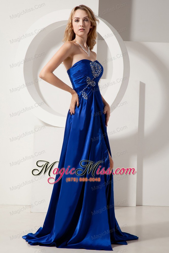 wholesale royal blue column strapless prom dress elatic wove satin beading brush train