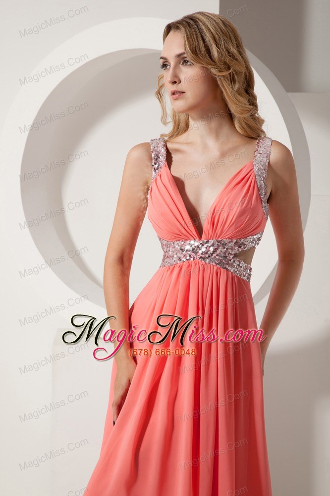 wholesale rust red empire v-neck floor-length sequins chiffon prom dress