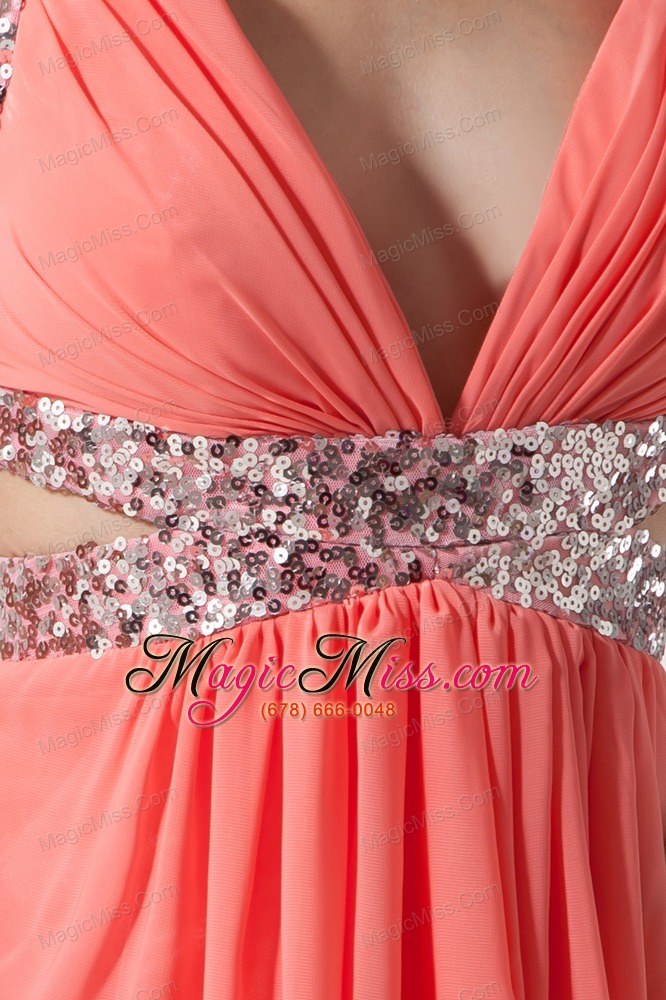 wholesale rust red empire v-neck floor-length sequins chiffon prom dress