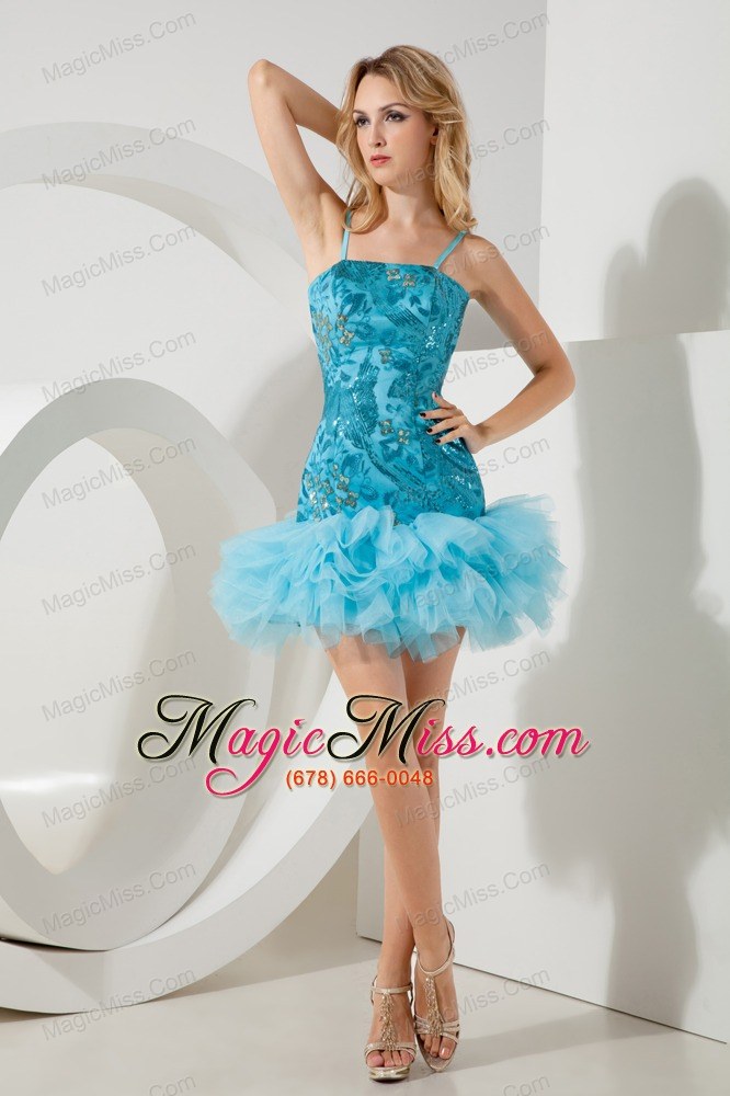wholesale aqua blue a-line / pricess straps short prom / homecoming dress mini-length tulle and sequin