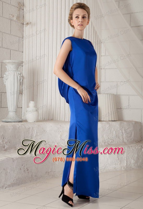wholesale blue column bateau ankle-length elastic woven satin prom dress