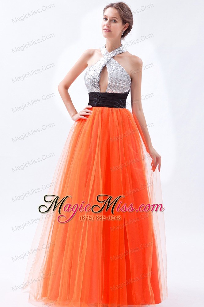 wholesale orange red empire halter prom dress tulle and sequin floor-length