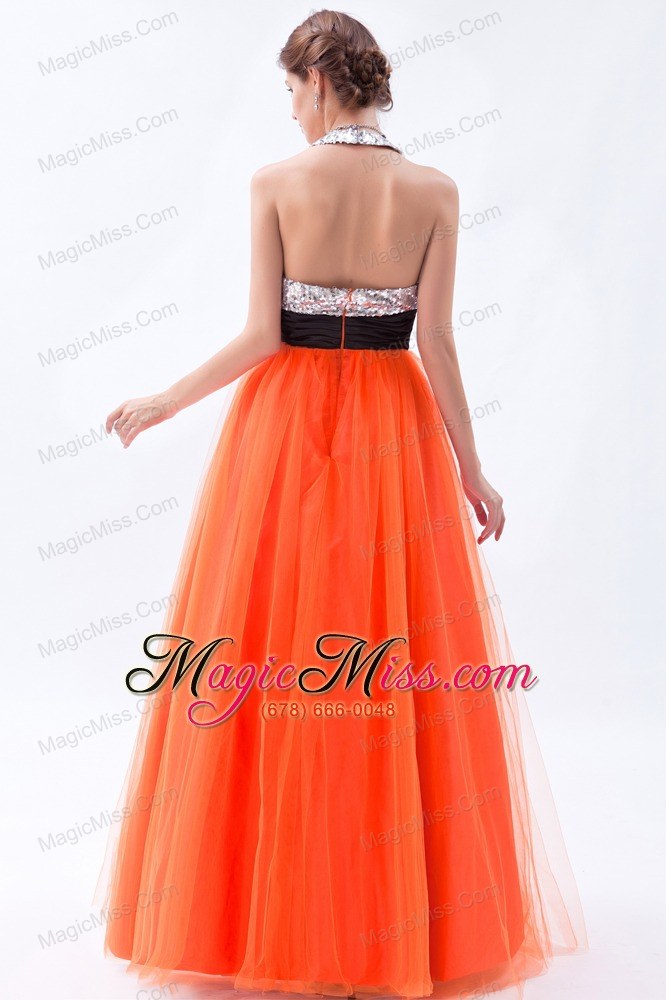 wholesale orange red empire halter prom dress tulle and sequin floor-length