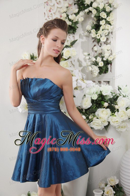 wholesale navy blue a-line strapless short taffeta ruch bridesmaid dress