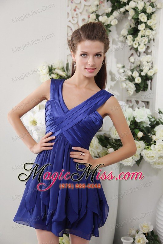 wholesale navy blue empire v-neck short chiffon ruch bridesmaid dress
