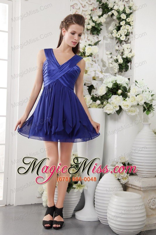 wholesale navy blue empire v-neck short chiffon ruch bridesmaid dress