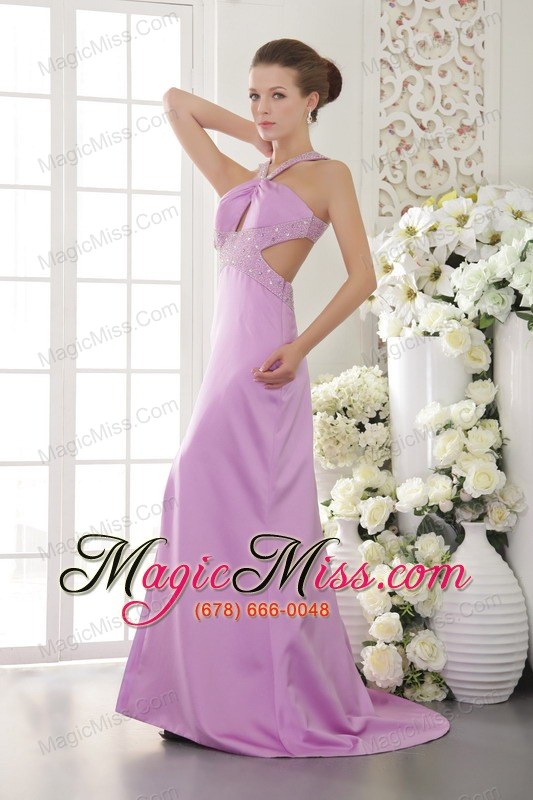 wholesale lavender column / sheath halter brush /sweep train satin beading prom / evening dress