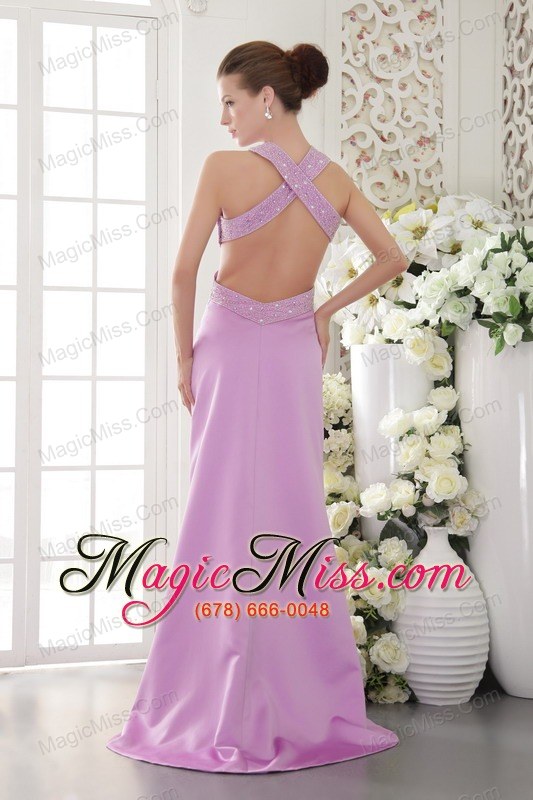 wholesale lavender column / sheath halter brush /sweep train satin beading prom / evening dress