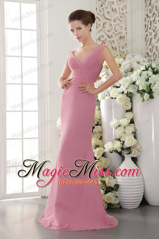 wholesale baby pink column / sheath v-neck brush / sweep chiffon ruch prom dress