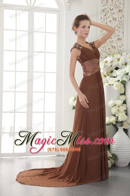 wholesale brown empire v-neck brush train chiffon beading prom / evening dress
