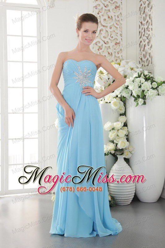 wholesale aqua blue empire sweetheart brush train chiffon beading and ruch prom / graduation dress