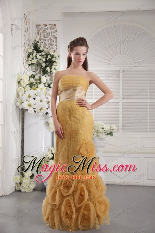 wholesale gold column strapless floor-length orangza lace and hand flowers prom / graduation dress
