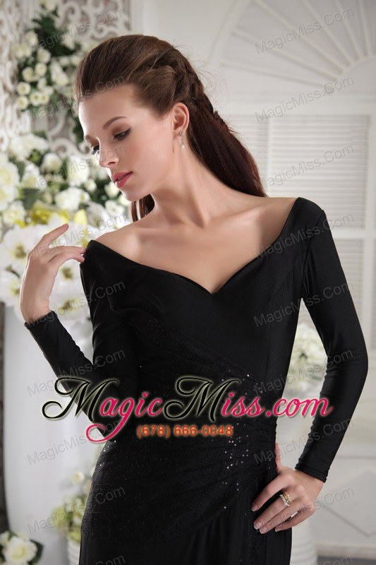 wholesale black column v-neck long sleeves floor-length taffeta ruch mother of the bride dress