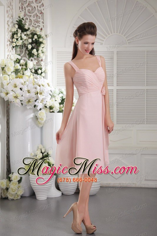 wholesale baby pink a-line / princess straps tea-length chiffon hand flower prom dress