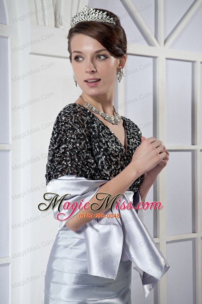 wholesale black and silver column v-neck mini-length taffeta and sequin prom dress
