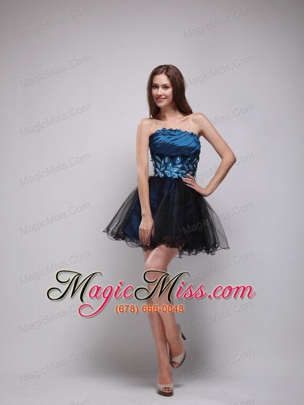wholesale navy blue and black a-line / princess strapless mini-length taffeta and organza rhinestone prom dress