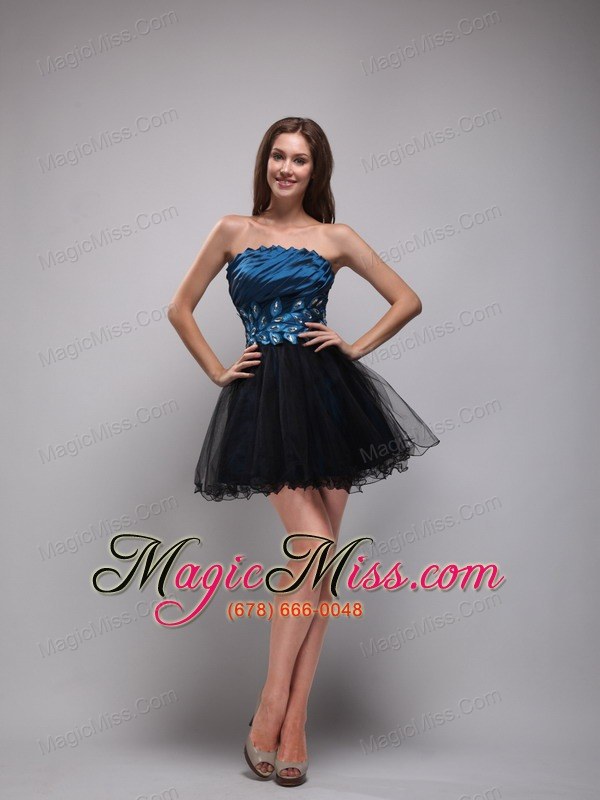 wholesale navy blue and black a-line / princess strapless mini-length taffeta and organza rhinestone prom dress