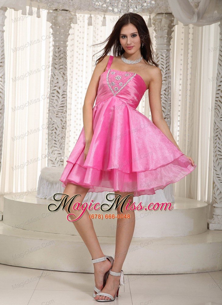 wholesale rose pink a-line one shoulder mini-length taffeta and organza beading prom dress