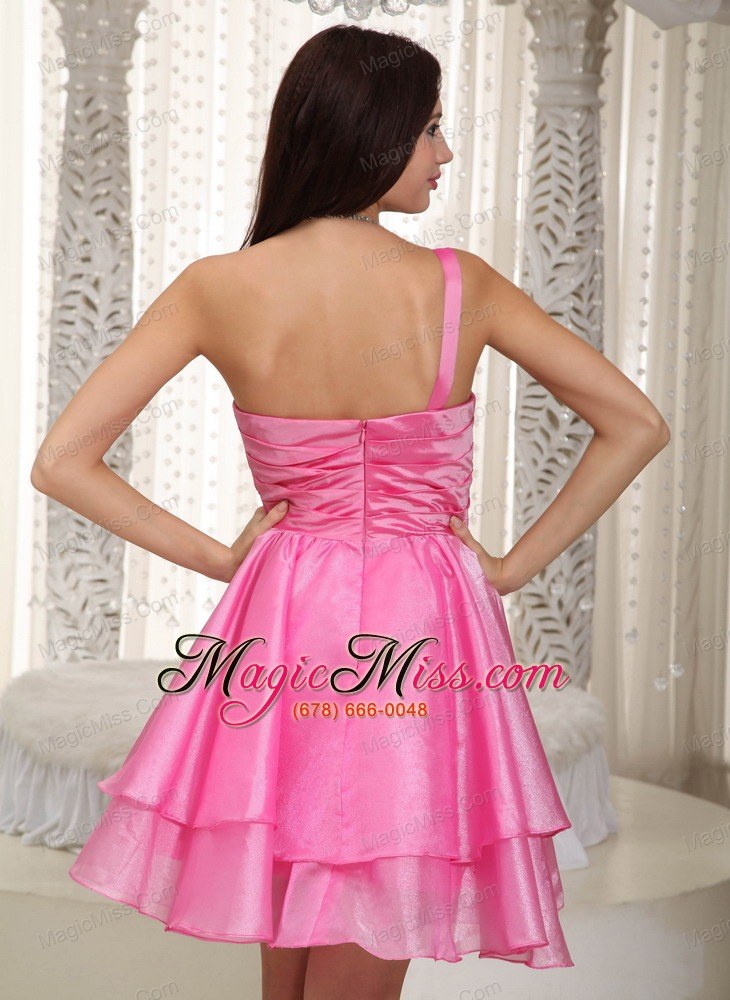 wholesale rose pink a-line one shoulder mini-length taffeta and organza beading prom dress