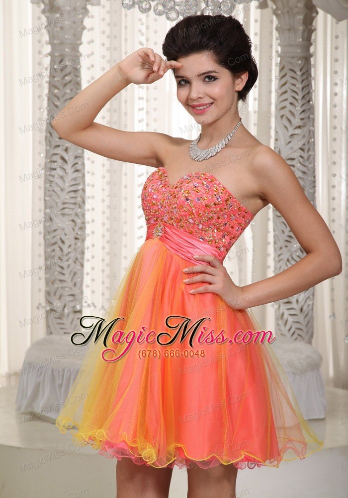 wholesale watermelon and yellow a-line / princess sweetheart mini-length organza beading prom / cocktail dress