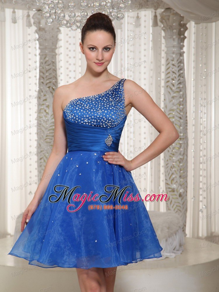 wholesale blue organza one shoulder beaded bodice cocktail dress for party