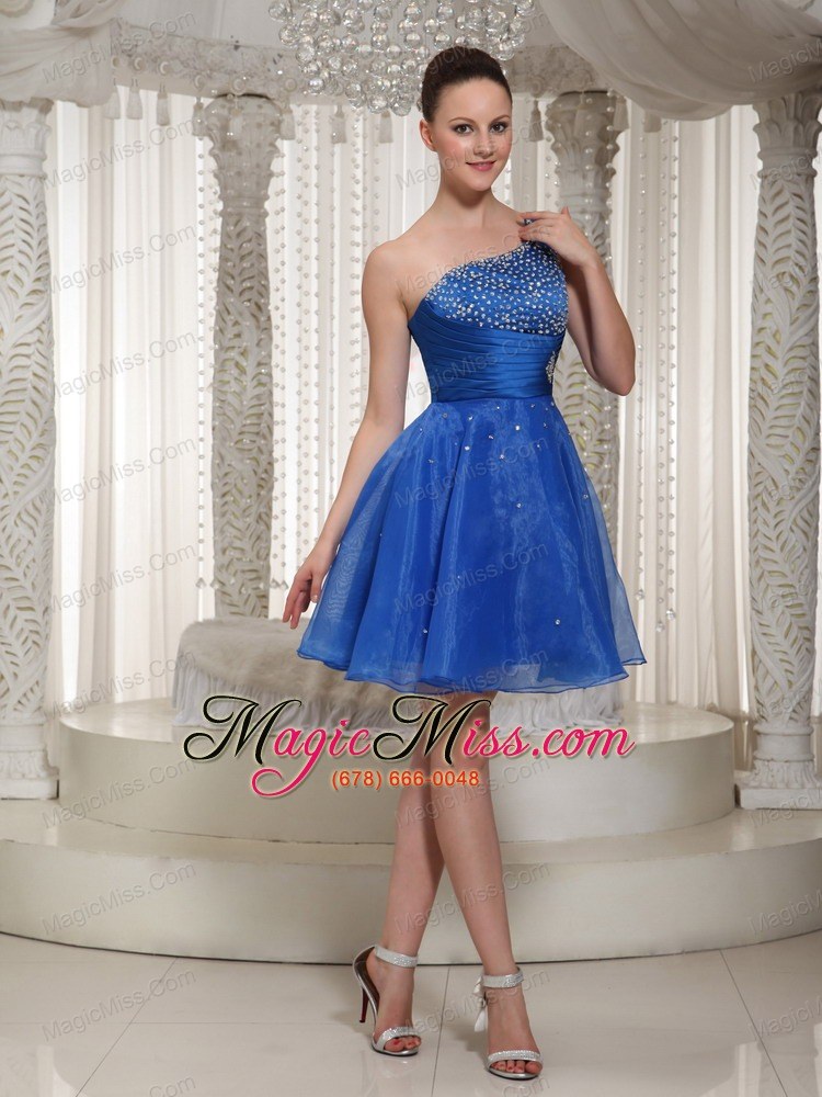 wholesale blue organza one shoulder beaded bodice cocktail dress for party