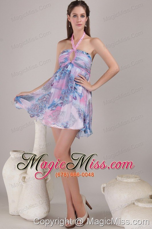 wholesale popular empire halter mini-length print beading prom / cocktail dress