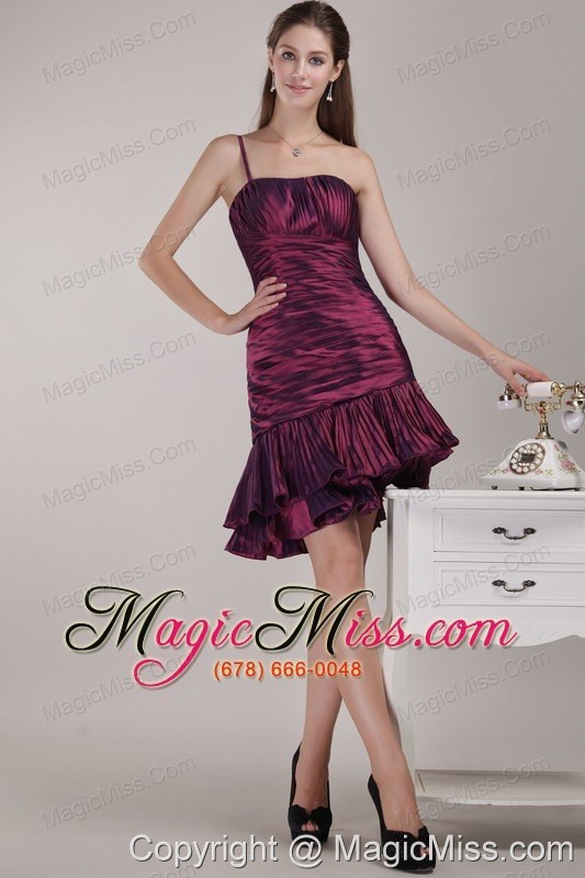wholesale burgundy column/sheath one shoulder knee-length taffeta ruffles and ruch prom dress