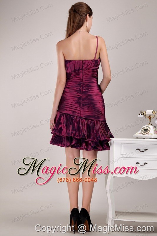 wholesale burgundy column/sheath one shoulder knee-length taffeta ruffles and ruch prom dress