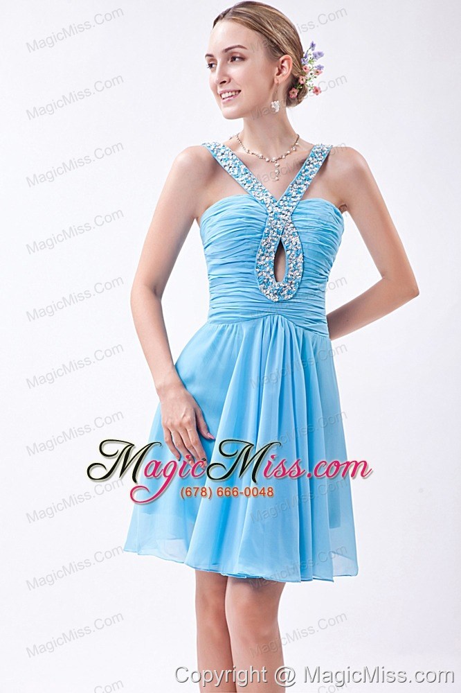 wholesale baby blue empire v-neck mini-length chiffon beading prom dress