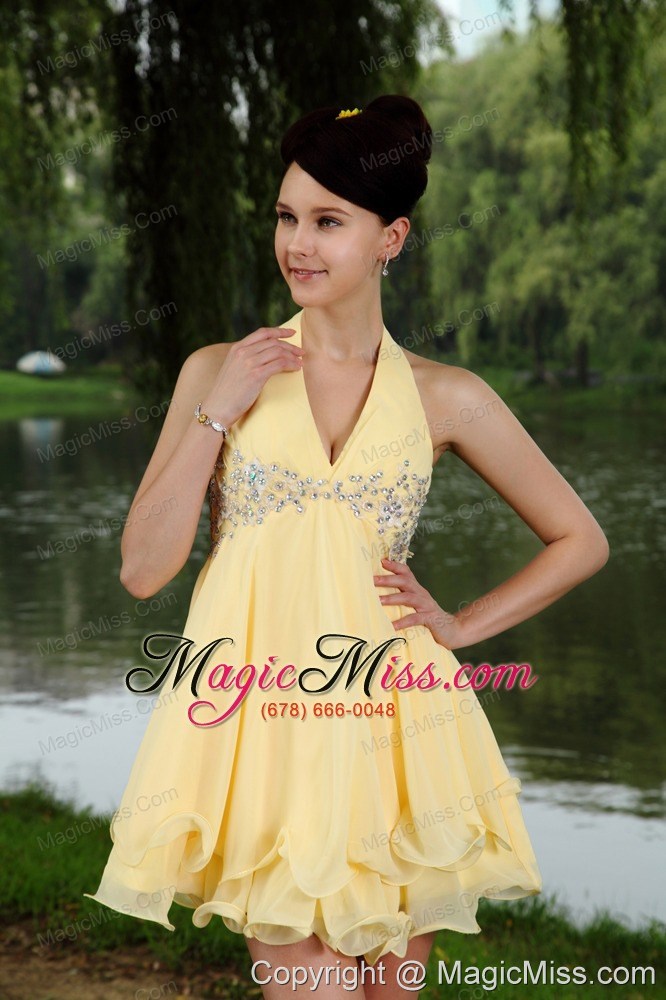 wholesale yellow empire halter mini-length chiffon beading prom / homecoming dress