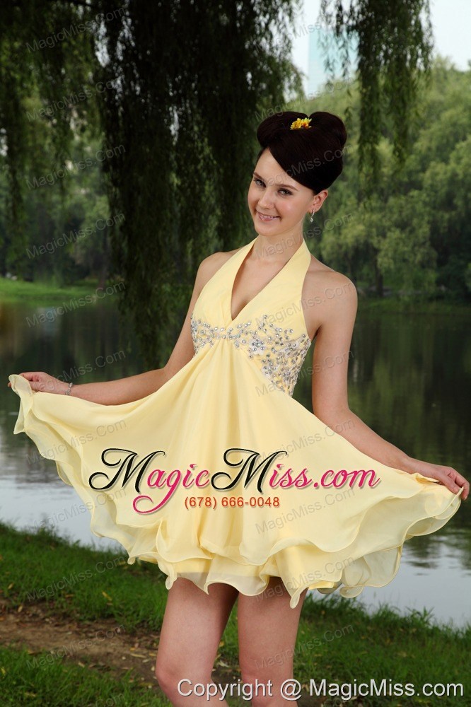 wholesale yellow empire halter mini-length chiffon beading prom / homecoming dress