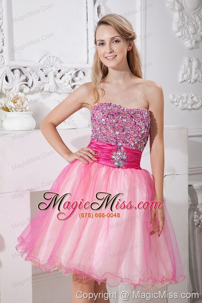 wholesale pink a-line strapless knee-length taffeta and organza beading prom dress